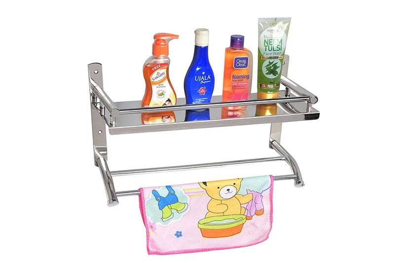Krupasadhya Krupasadhya Stainless Steel Wall Mount Shelf 2 Tier Bathroom ShelfRack with Towel HolderTowel HooksBathroom Accessories WallMount Set of 1 Nickel Finish  - Image 1