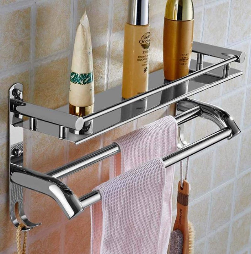 Krupasadhya Krupasadhya Stainless Steel Wall Mount Shelf 2 Tier Bathroom ShelfRack with Towel HolderTowel HooksBathroom Accessories WallMount Set of 1 Nickel Finish  - Image 2