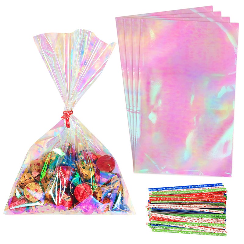 HRX Package 120pcs Iridescent Cellophane Treat Bags with Ties 6x9 inch Holographic Plastic Goody Bags for Candy Party Favors Small Gifts