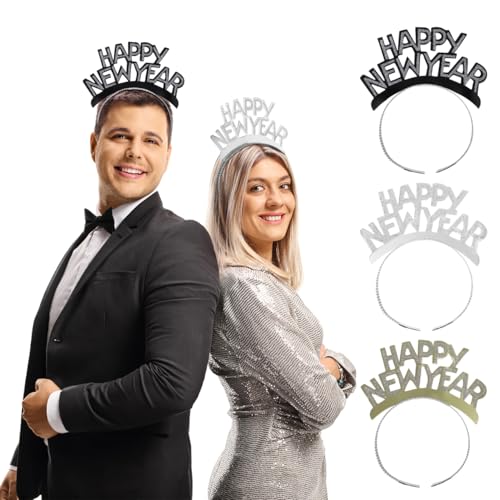 Tinksky Amosfun HAPPY NEW YEAR Headband Tiara New Years Party Favors Gold Silver Black 12 Pieces - Image 1