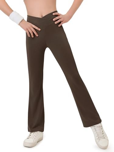 Haloumoning Girls Crossover High Waisted Flare Pants Kids Bootcut Leggings Full Length Bell Bottoms 5-14 Years Brown - Image 2