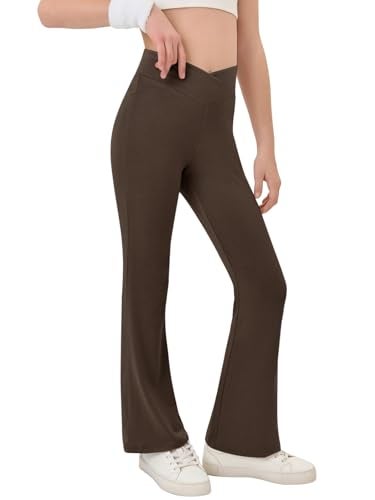 Haloumoning Girls Crossover High Waisted Flare Pants Kids Bootcut Leggings Full Length Bell Bottoms 5-14 Years Brown - Image 1