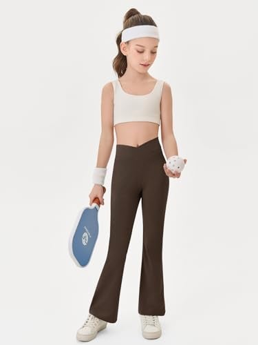 Haloumoning Girls Crossover High Waisted Flare Pants Kids Bootcut Leggings Full Length Bell Bottoms 5-14 Years Brown - Image 4