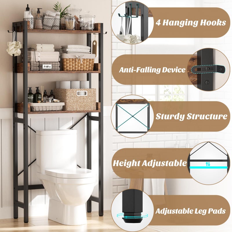Ecoprsio Over-The-Toilet Storage Rack, 3-Tier Bathroom Organizer Shelf Over Toilet, Freestanding Space Saver Toilet Stands with 4 Hooks, Rustic Brown - Image 4
