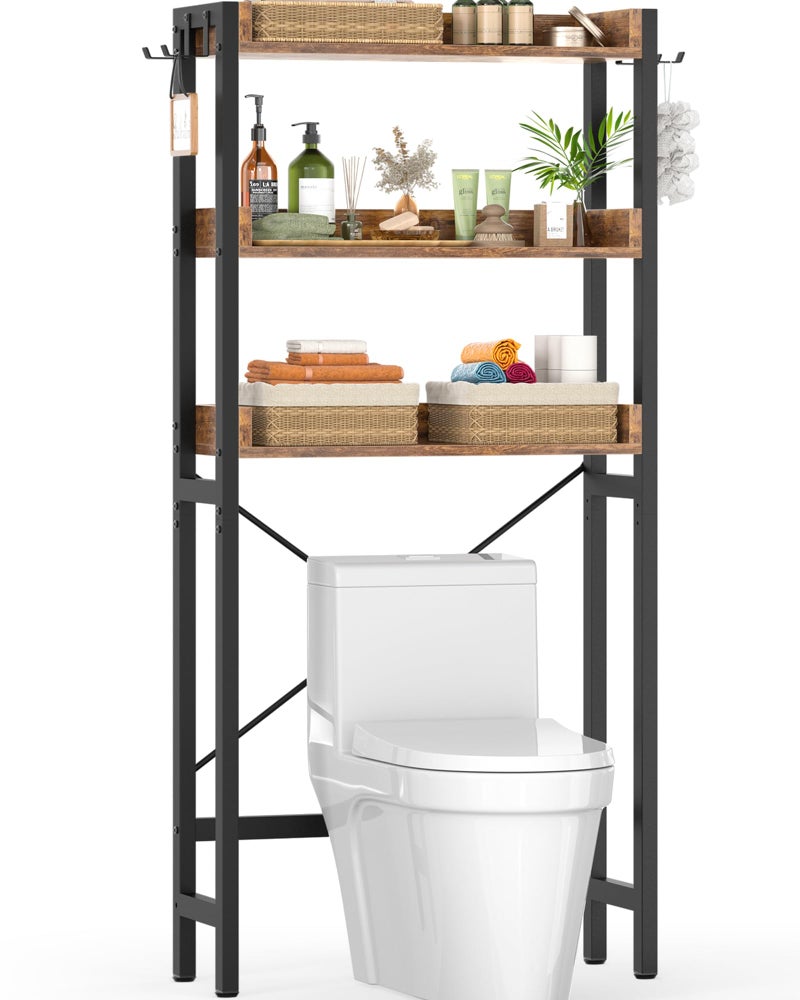 Ecoprsio Over-The-Toilet Storage Rack, 3-Tier Bathroom Organizer Shelf Over Toilet, Freestanding Space Saver Toilet Stands with 4 Hooks, Rustic Brown - Image 1