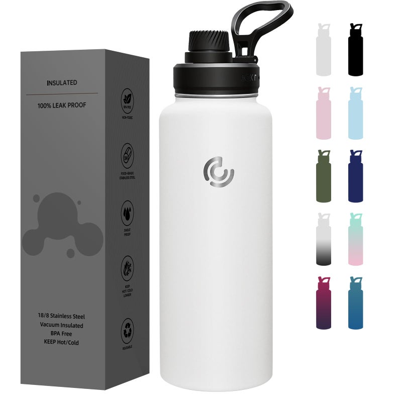 Sports Water Bottle 40oz Insulated Water Bottle with HandleStainless SteelSimple ModernSuitable for Travel School Boy GirlWhite