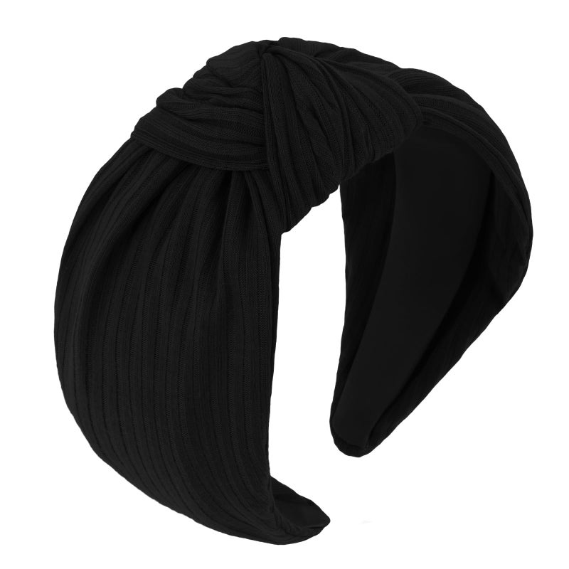 YISSION Wide Black Knotted Headband for Women - 3.34 Inch Stretchy Knit Fabric Hair Band, Comfortable Non-Slip Fashion Hair Accessory for Daily Styling & Parties - Image 1
