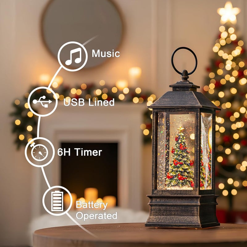 Solgicar Christmas Snow Globe Lantern Water Glittering Christmas Tree with Music, Battery Operated or USB Powered Lighted Lantern for Christmas Festival Decoration Gifts - Image 1