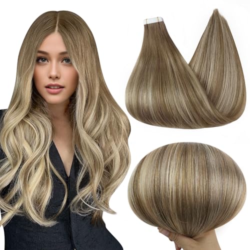 Full Shine Balayage Tape in Hair Extensions Human Hair 18 Inch Invisible Tape in Hair Extensions Color 6 Brown Fading to 6 and 60 Platinum Blonde 50Gram 20Pcs Blonde Straight Hair Extensions Tape in - Image 1