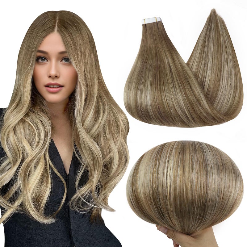 Full Shine Balayage Tape in Hair Extensions Human Hair 18 Inch Invisible Tape in Hair Extensions Color 6 Brown Fading to 6 and 60 Platinum Blonde 50Gram 20Pcs Blonde Straight Hair Extensions Tape in - Image 2