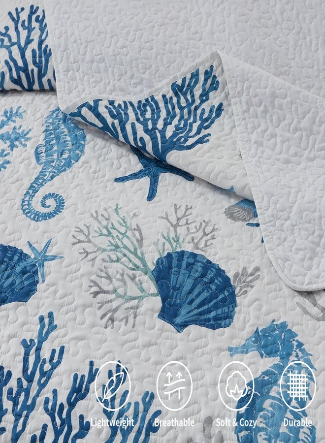 LEAONME Coastal Quilt Set Full/Queen Size - Lightweight Microfiber Reversible Bedspread, 90''x98'', Sea Blue, Includes 2 Shams - Image 5