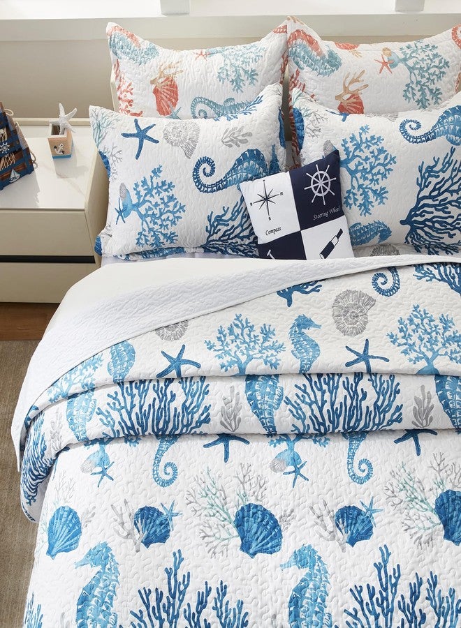 LEAONME Coastal Quilt Set Full/Queen Size - Lightweight Microfiber Reversible Bedspread, 90''x98'', Sea Blue, Includes 2 Shams - Image 4