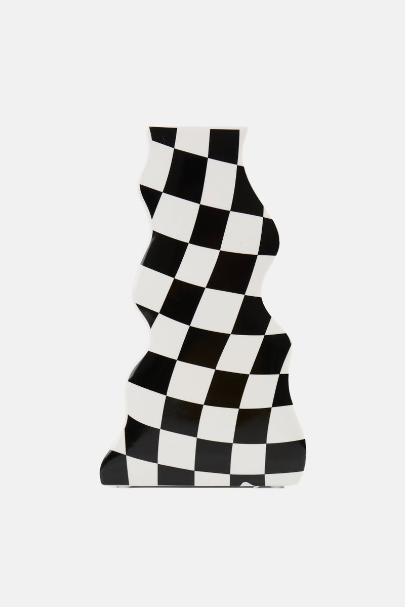 Muy Mucho Checkered Design Ceramic Vase, Multicolor  - Image 1