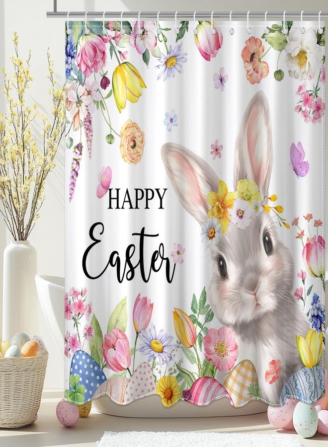 Mocsicka Happy Easter Shower Curtain for Bathroom Cute Rabbit Pink Spring Bunny Floral Shower Curtain for Easter Bathroom Decor, 72 x 72 Inch Waterproof Fabric Bath Curtain - Image 1