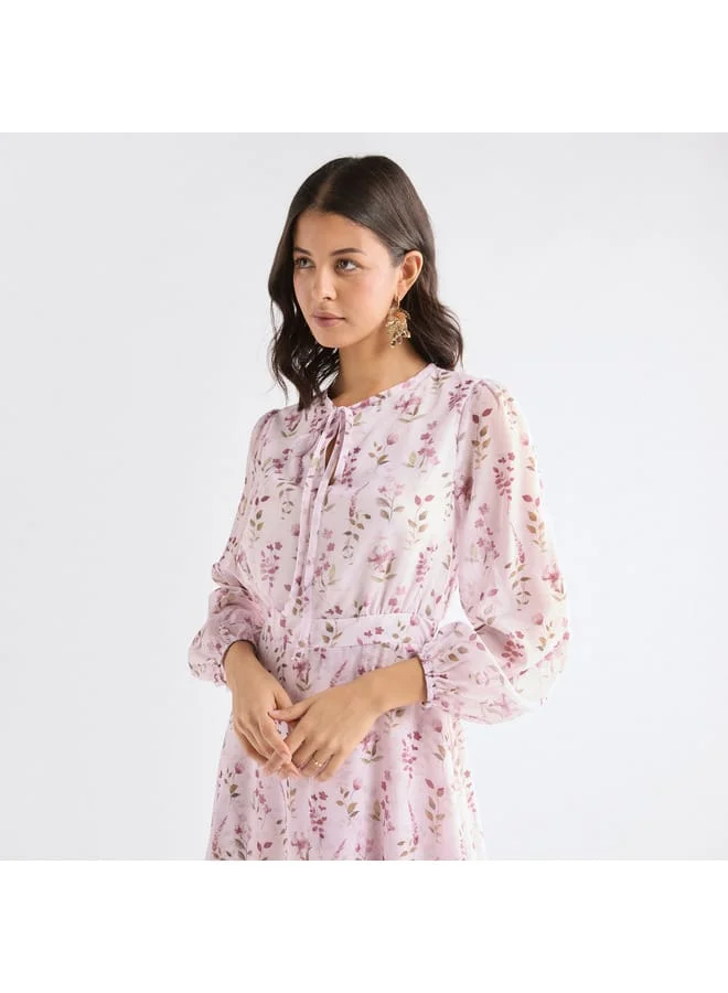 Splash FAV All-Over Floral Print Dress with Long Sleeves and Tie-Ups