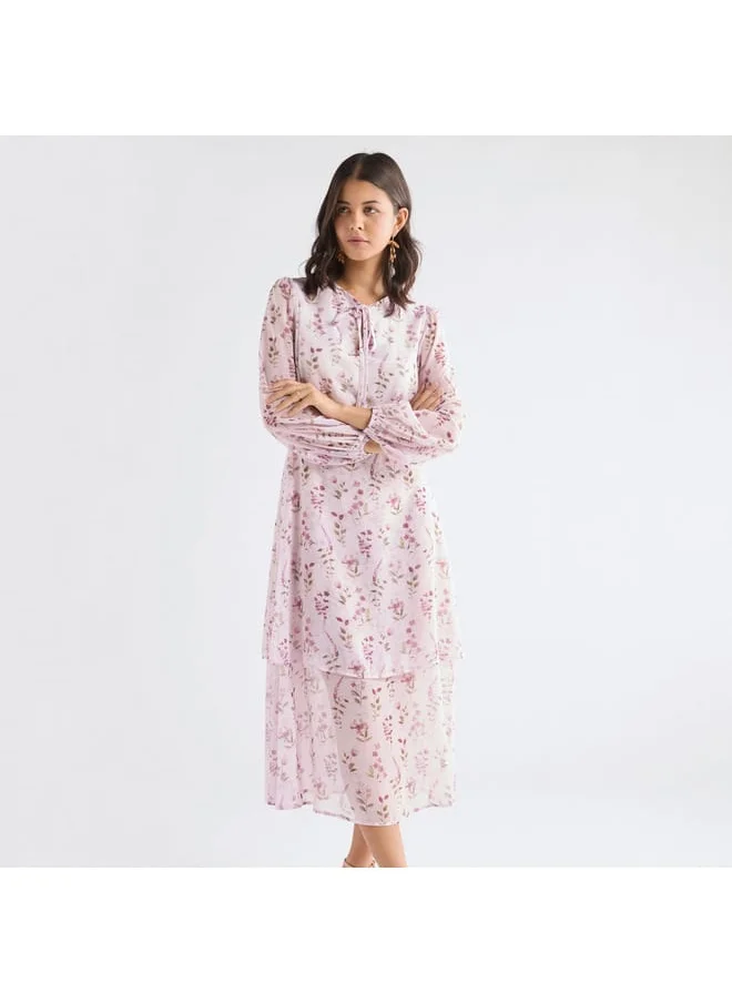 FAV All-Over Floral Print Dress with Long Sleeves and Tie-Ups