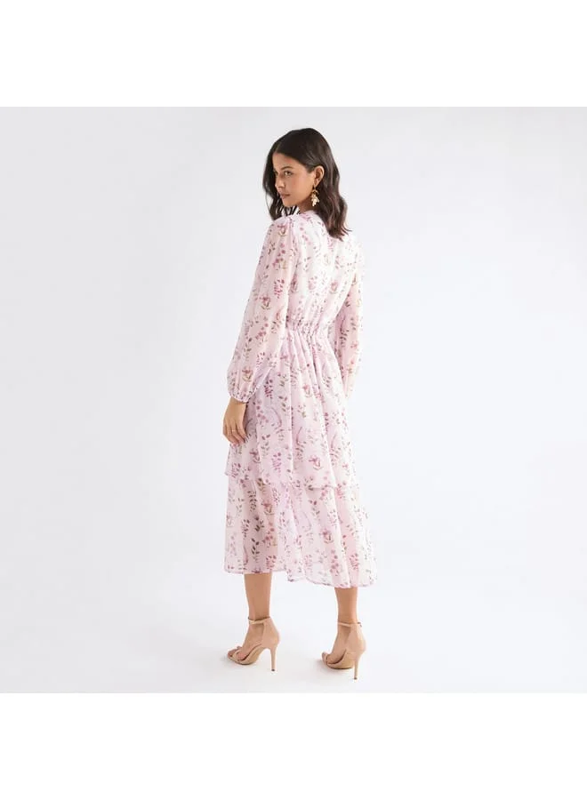 Splash FAV All-Over Floral Print Dress with Long Sleeves and Tie-Ups