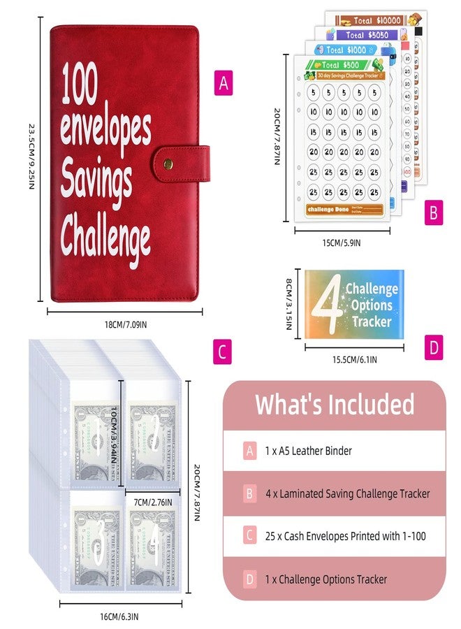 DONBAO 100 Envelopes Money Saving Challenge Binder - Fun, Easy Savings System to Save $5,050, $10,000, $500, $1,000, A5 Budget Binder Planner Book Tracker with Cash Envelopes, Guide & Progress Chart (Red) - Image 2