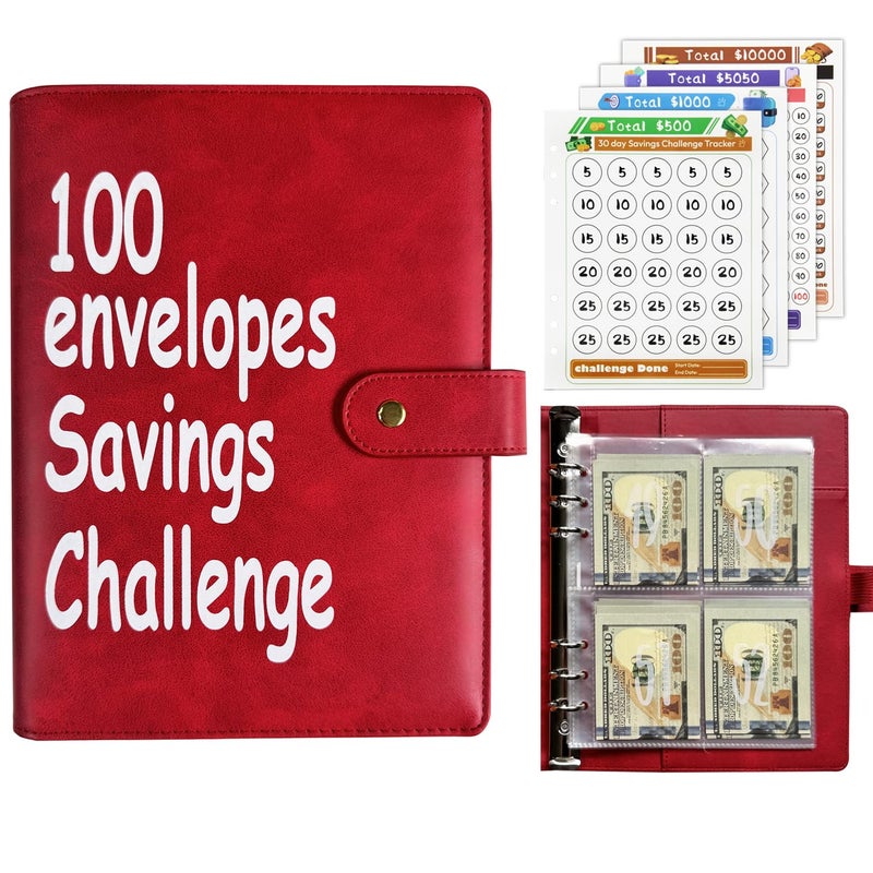 DONBAO 100 Envelopes Money Saving Challenge Binder - Fun, Easy Savings System to Save $5,050, $10,000, $500, $1,000, A5 Budget Binder Planner Book Tracker with Cash Envelopes, Guide & Progress Chart (Red) - Image 1