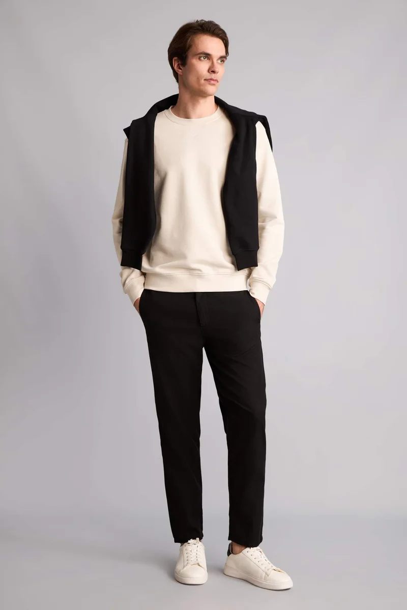 Regular Fit Elastic Waist Straight Leg Trousers