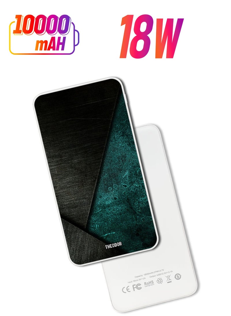 Theodor بنك طاقة فائق السرعة بسعة 10,000 مللي أمبير مع شحن سريع وتوصيل الطاقة، شاحن محمول لهواتف آيفون وأندرويد، نمط أسود داكن أخضر - Image 1
