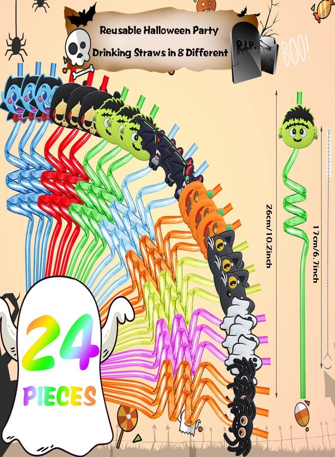 Capoda 24 Pcs Halloween Party Favors Straws Reusable Plastic Crazy Straws Bats Pumpkin Cat Ghost with 2 Cleaning Brush for Kids Supplies Birthday Decoration, 8 Styles - Image 2