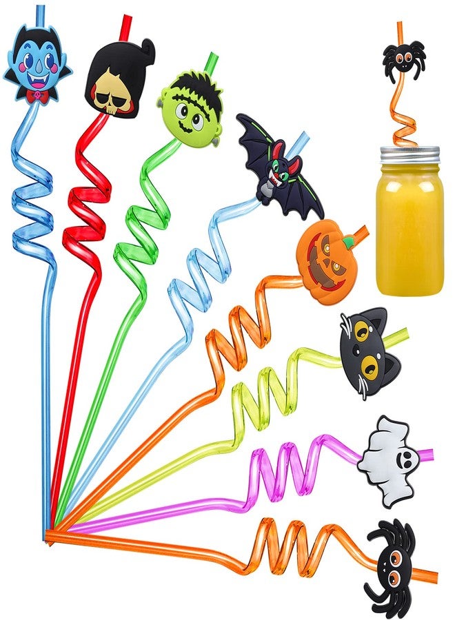 Capoda 24 Pcs Halloween Party Favors Straws Reusable Plastic Crazy Straws Bats Pumpkin Cat Ghost with 2 Cleaning Brush for Kids Supplies Birthday Decoration, 8 Styles - Image 1