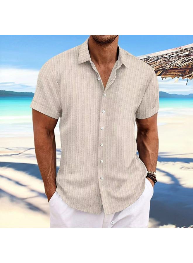 Popular New Men's Cotton And Linen Striped Jacquard Sports Casual Loose Short-sleeved Shirt