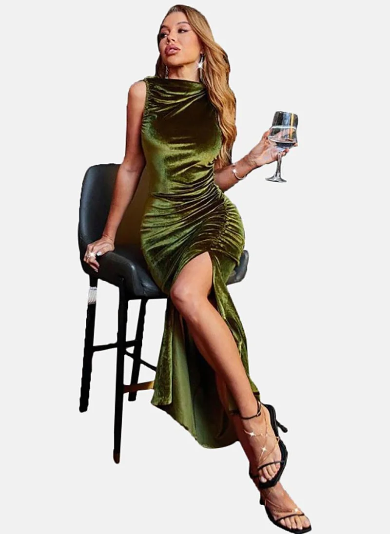 YUNIQEE Green Solid Sleeveless Round Neck Maxi Wrap Dress