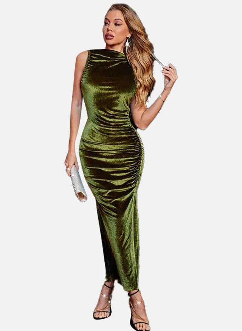 YUNIQEE Green Solid Sleeveless Round Neck Maxi Wrap Dress