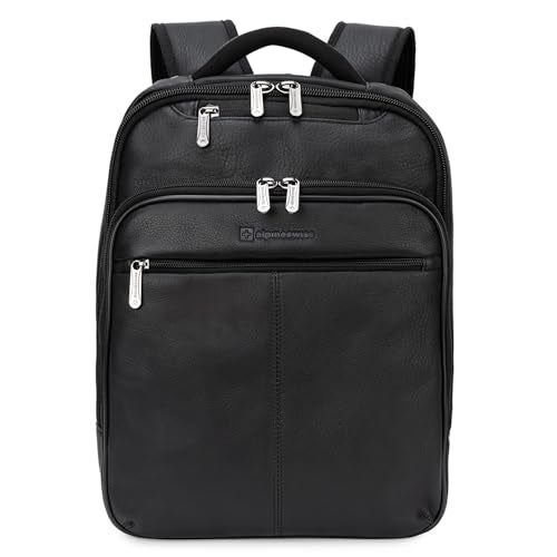 Alpine Swiss Olsen 13” Laptop Travel Backpack Genuine Leather Slim Business Travel Carry On Daypack Black - Image 1