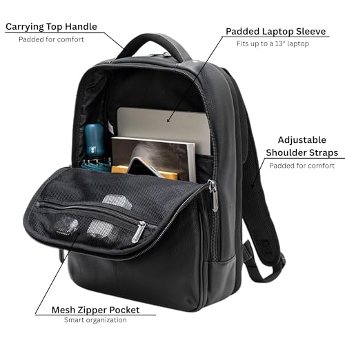 Alpine Swiss Olsen 13” Laptop Travel Backpack Genuine Leather Slim Business Travel Carry On Daypack Black - Image 3