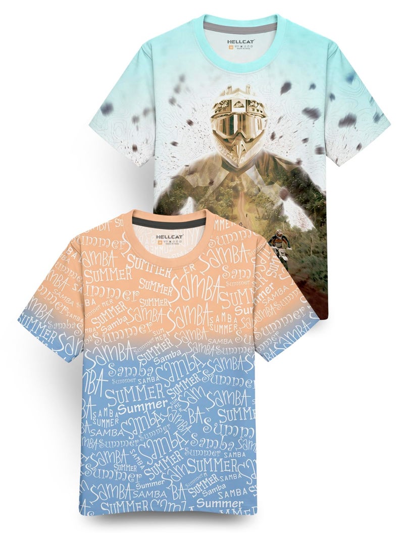 HELLCAT Boys Cotton Blend Regular Fit Trendy Front & Back Graphic Printed Half Sleeve Premium Round Neck Tshirt- Pack of 2 Mint Green/Peach 3-4 Years - Image 1