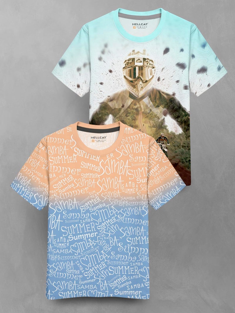 HELLCAT Boys Cotton Blend Regular Fit Trendy Front & Back Graphic Printed Half Sleeve Premium Round Neck Tshirt- Pack of 2 Mint Green/Peach 3-4 Years - Image 2