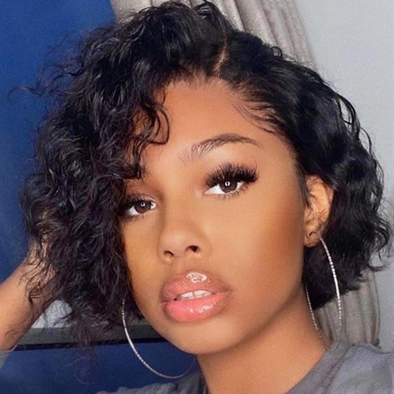 WIGER Short Lace Front Wigs Human Hair for Women Short Curly Bob Wig Black Wavy Lace Wig Black Pixie Cut Wig Brazilian Virgin Human Hair Curly Wigs 180 Density Side Part