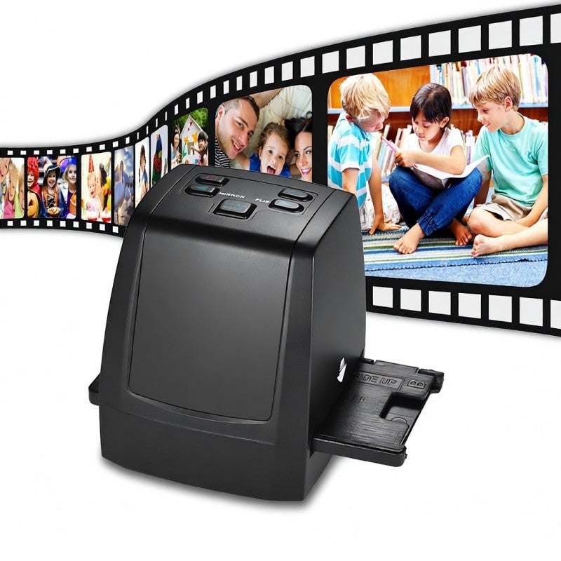 الماسح الضوئي المحمول: ماسح ضوئي لصور الفيلم الأسود بدقة 22 ميجا بيكسل - شاشة LCD مقاس 2.4 بوصة وذاكرة مدمجة بسعة 128 ميجابايت وممسحة SD لتحويل صور الفيلم بأحجام 30 مم و135 مم و126 مم و110 مم إلى شكل رقمي - Image 1