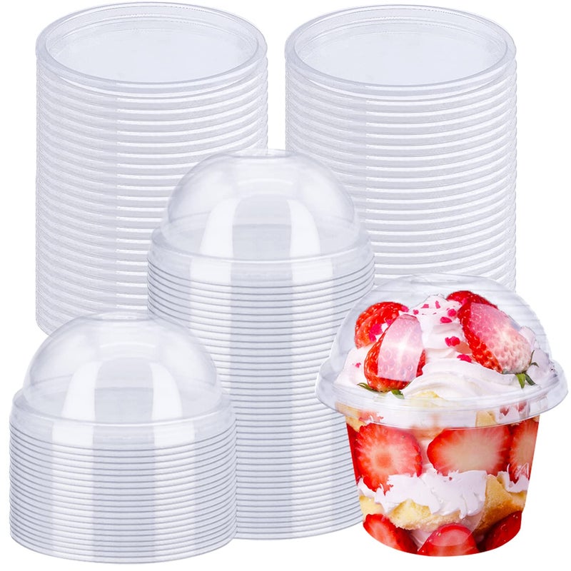 Alaeseje علسيجي 50 عبوة 8oz أكواب بلاستيكية شفافة قابلة للتصرف مع أغطية قبة (ثقب في الغطاء)، أكواب حلوى PET، أطباق وجبات خفيفة قابلة للتصرف للآيس كريم، الكعك، الفاكهة، البارفيه، البودينغ وجيلو شوت - Image 1