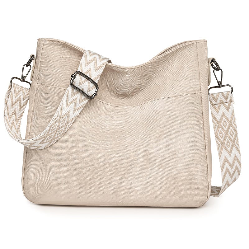 Outplea Boho Shoulder Bag with Zipper for Women, Trendy Crossbody Purse with Wide Adjustable Guitar Strap, Vintage Cross Body Handbag for Daily Use, Commuting, Workout, Beige - Image 1