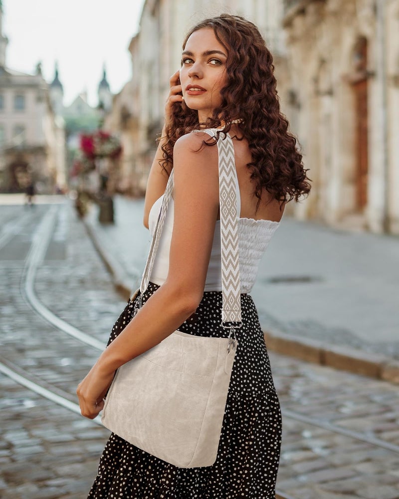 Outplea Boho Shoulder Bag with Zipper for Women, Trendy Crossbody Purse with Wide Adjustable Guitar Strap, Vintage Cross Body Handbag for Daily Use, Commuting, Workout, Beige - Image 3