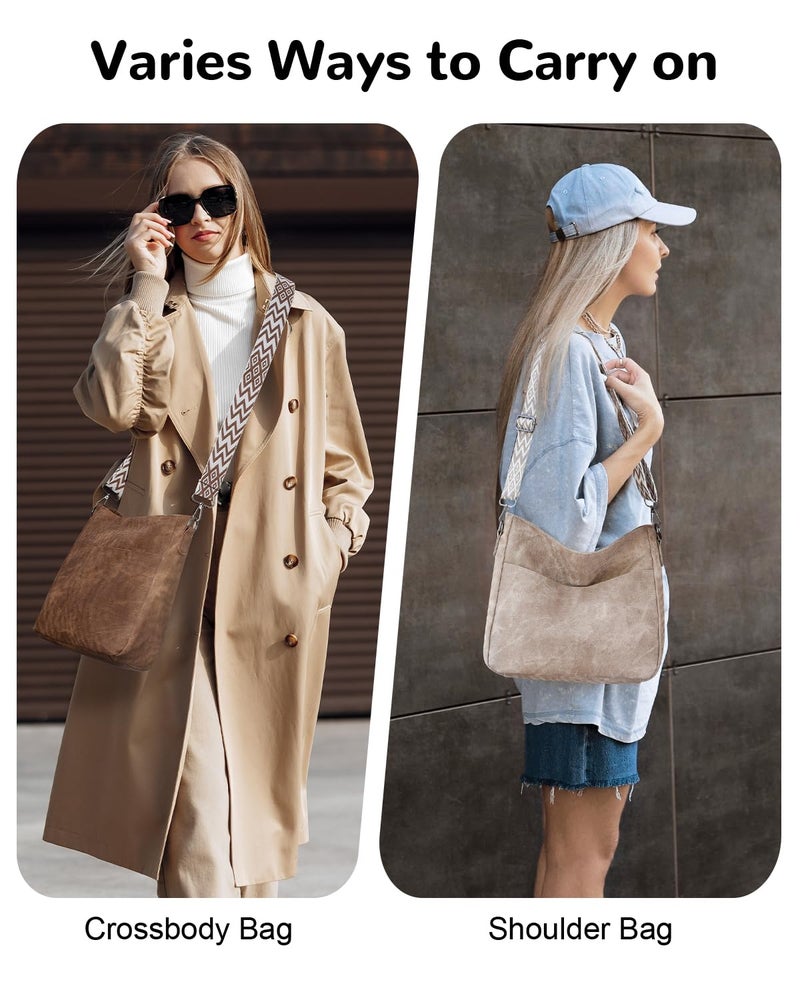 Outplea Boho Shoulder Bag with Zipper for Women, Trendy Crossbody Purse with Wide Adjustable Guitar Strap, Vintage Cross Body Handbag for Daily Use, Commuting, Workout, Beige - Image 2