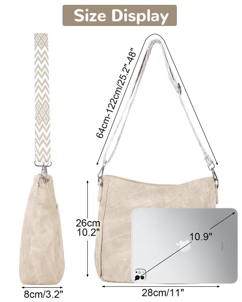 Outplea Boho Shoulder Bag with Zipper for Women, Trendy Crossbody Purse with Wide Adjustable Guitar Strap, Vintage Cross Body Handbag for Daily Use, Commuting, Workout, Beige - Image 4