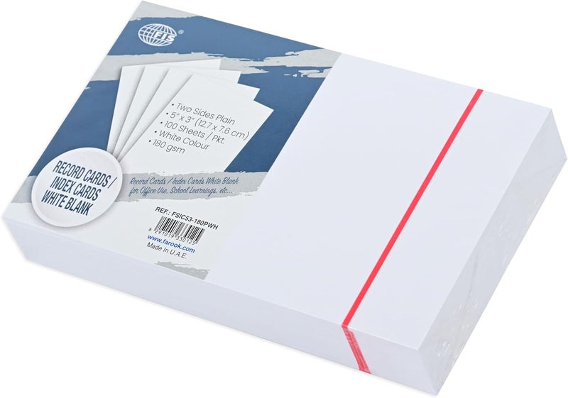 FIS Record/Index Cards, 2 Side Plain, Size 5X3"(12.7x7.62cm) 180gsm, 100 Sheets, Color White-FSIC53-180PWH - Image 1