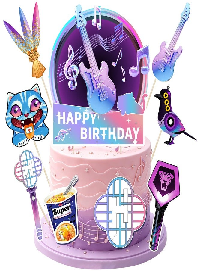 Gezan Music Theme Pink Purple Birthday Cake Topper Cartoon Cake Decorations Princess Party Decorations Happy Birthday Cupcake Cake Toppers for Girl - Image 1