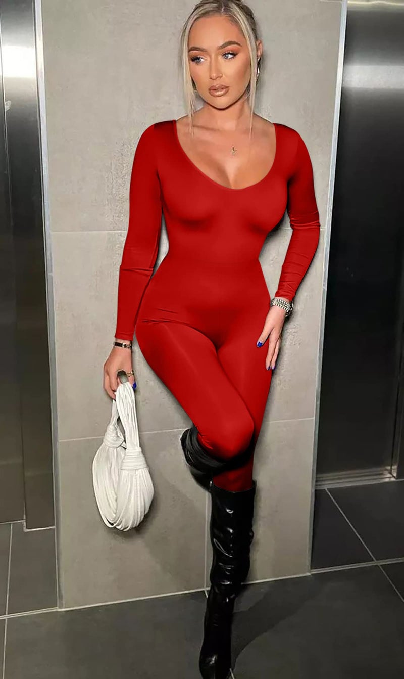 GOBLES Women's Sexy Long Sleeve High Waist Bodycon Jumpsuit Rompers Red - Image 5