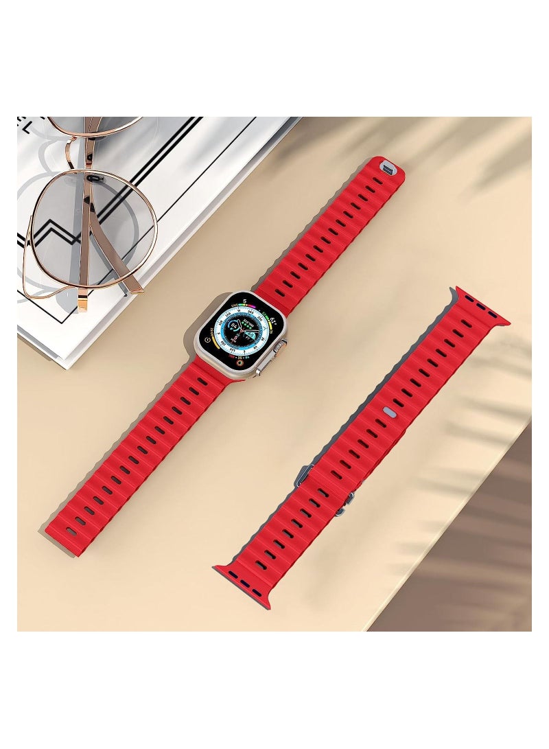 Color Fans Apple Watch Ultra Ocean Band 49mm 45mm 44mm 42mm for Men Women, Soft Silicone Sport Band Replacement Strap for Apple Watch Ultra iWatch Series 8 7 SE 6 5 4 3 2 1 Red - Image 3