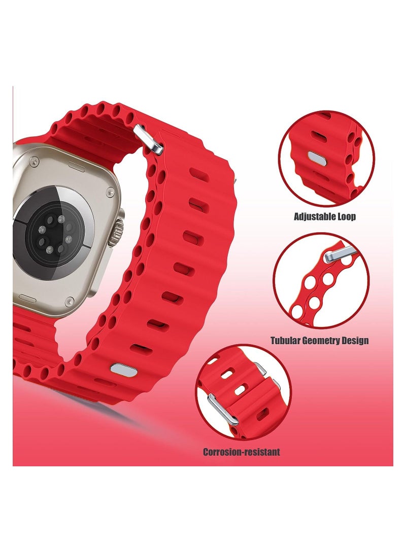 Color Fans Apple Watch Ultra Ocean Band 49mm 45mm 44mm 42mm for Men Women, Soft Silicone Sport Band Replacement Strap for Apple Watch Ultra iWatch Series 8 7 SE 6 5 4 3 2 1 Red - Image 4