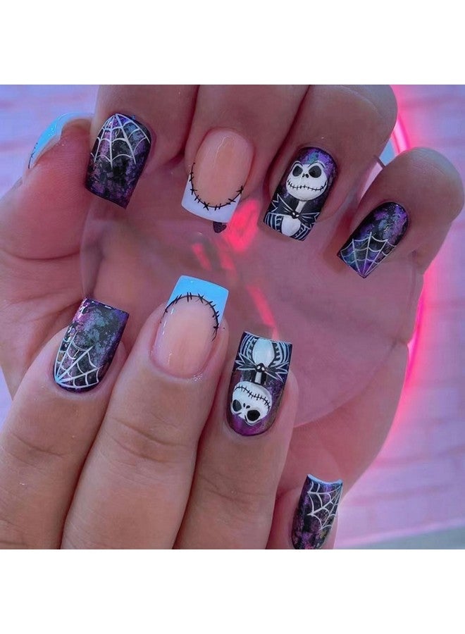 OCOUYVD Halloween Press On Nails Medium Square Fake Nails With Spider Web Design Acrylic Nails Nightmare Before Christmas Nails Scary Stick On Nails Holiday French Tip Artificial Nails For Women 24Pcs - Image 1