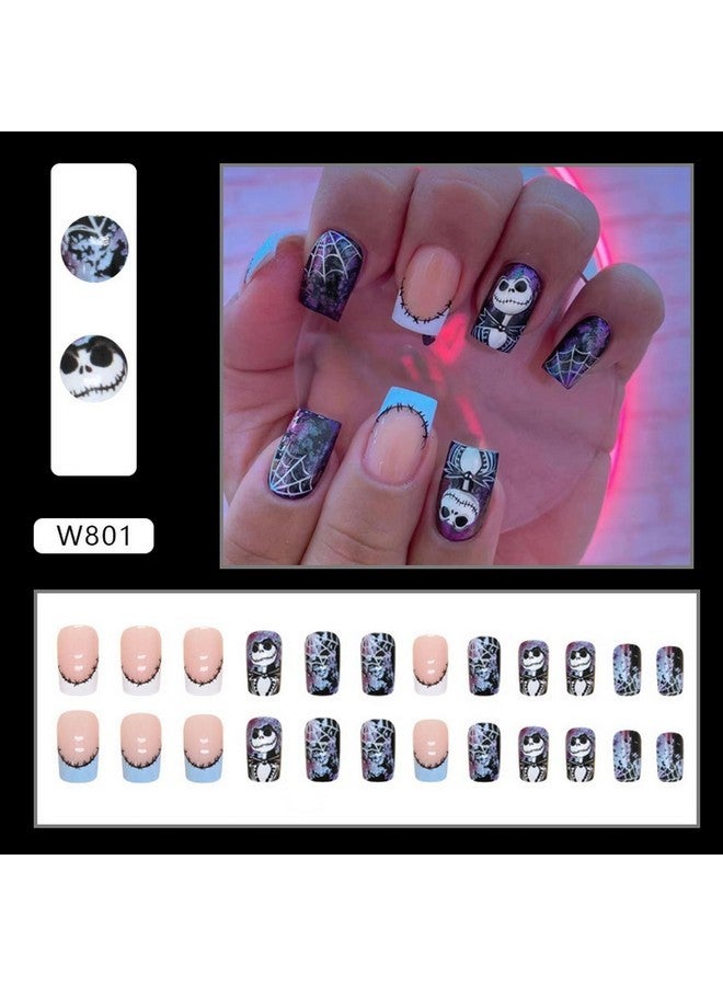 OCOUYVD Halloween Press On Nails Medium Square Fake Nails With Spider Web Design Acrylic Nails Nightmare Before Christmas Nails Scary Stick On Nails Holiday French Tip Artificial Nails For Women 24Pcs - Image 5