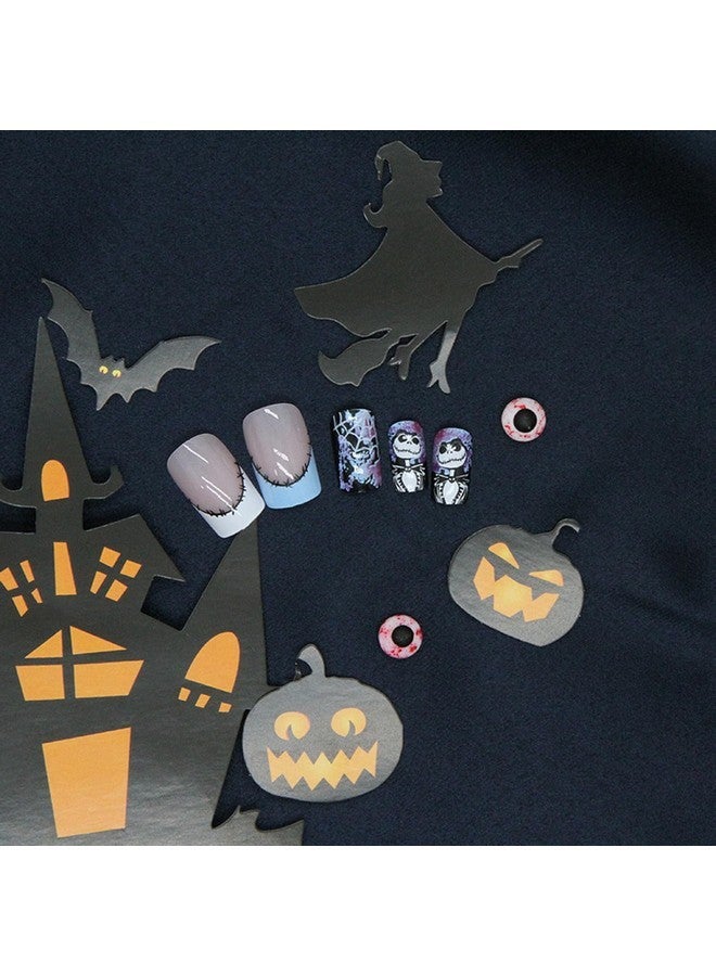 OCOUYVD Halloween Press On Nails Medium Square Fake Nails With Spider Web Design Acrylic Nails Nightmare Before Christmas Nails Scary Stick On Nails Holiday French Tip Artificial Nails For Women 24Pcs - Image 4