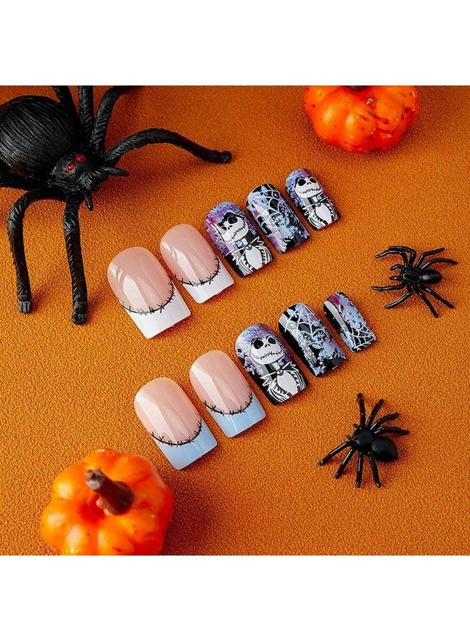 OCOUYVD Halloween Press On Nails Medium Square Fake Nails With Spider Web Design Acrylic Nails Nightmare Before Christmas Nails Scary Stick On Nails Holiday French Tip Artificial Nails For Women 24Pcs - Image 2